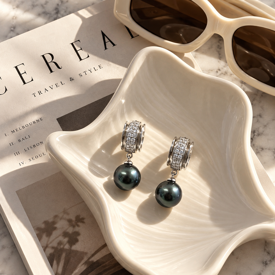 Lila Earrings featuring elegant Tahitian pearls, perfect Pacific jewellery for a chic New Zealand style.