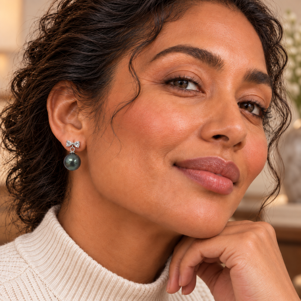 Alba Earrings featuring Tahitian pearl jewellery worn by a woman, showcasing Pacific jewellery and New Zealand jewellery style.