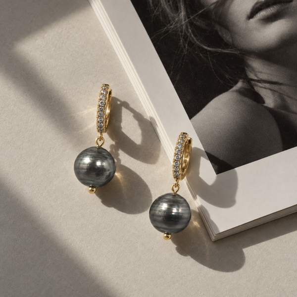 Keiko Earrings featuring stunning Tahitian pearls and sparkling accents, perfect for lovers of pearl jewellery.