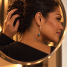 Model showcasing Nalu Earrings featuring a stunning Tahitian pearl, perfect Pacific jewellery.